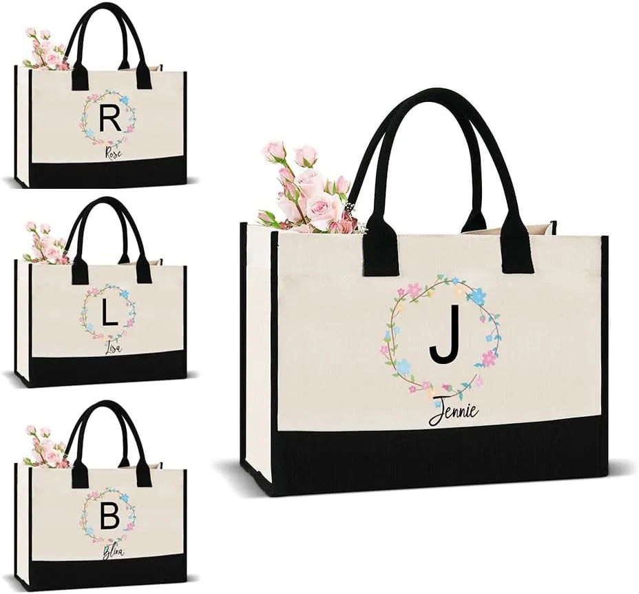 Custom Personalized Tote Bag for Women Mothers Bridesmaids Sisters Teachers, Initial Canvas Monogrammed Gift Tote Bag for Beach Wedding Travel Work
