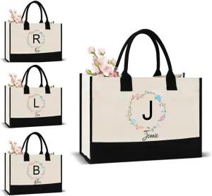 Custom Personalized Tote Bag for Women Mothers Bridesmaids Sisters Teachers, Initial Canvas Monogrammed Gift Tote Bag for Beach Wedding Travel Work