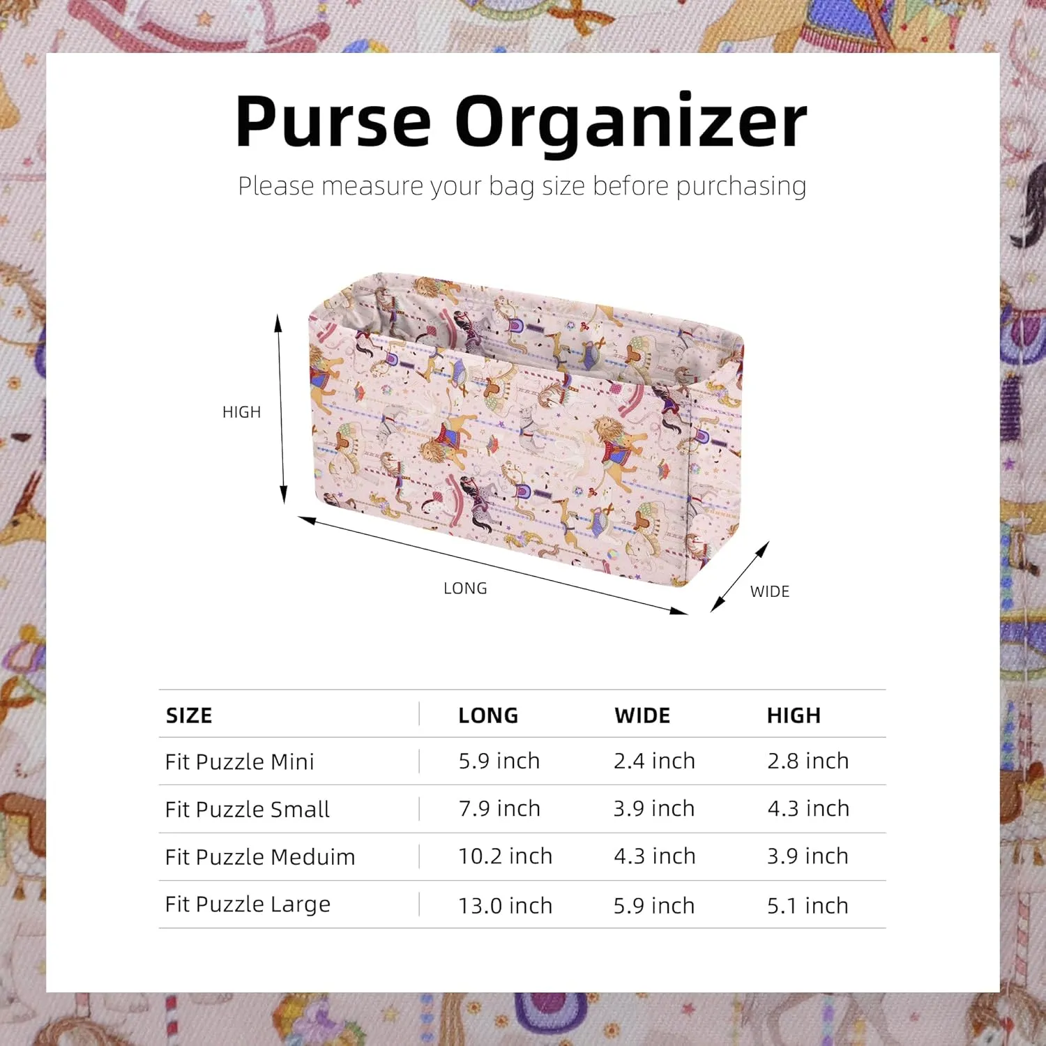 custom Purse organizer or pillow insert for Puzzle Bags Mini/Small/Medium/Large,offering 42 pattern to choose