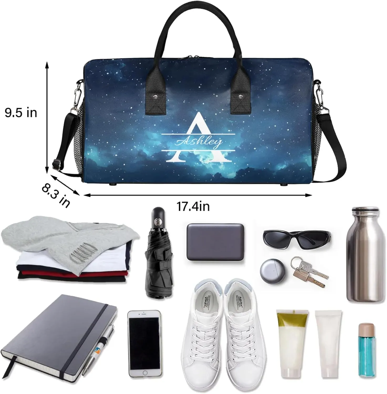 Custom Sports Duffel Bag Personalized Name Dance Gym Bag for Women Men Overnight Weekender Travel Duffel Bags Lightweight 17.4in, Galaxy Star Outer Space