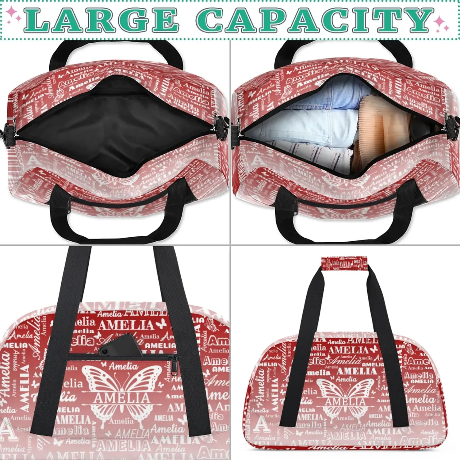 Custom Sports Duffel Bags with Name, Butterfly Personalized Gym Bag Customized Travel Duffle Bag Overnight Carry-On Bag Weekender Bags, Deep Red Gradient