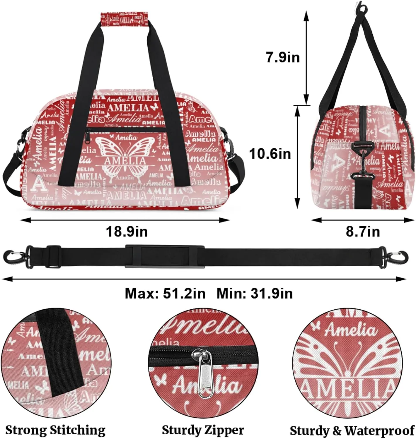 Custom Sports Duffel Bags with Name, Butterfly Personalized Gym Bag Customized Travel Duffle Bag Overnight Carry-On Bag Weekender Bags, Deep Red Gradient