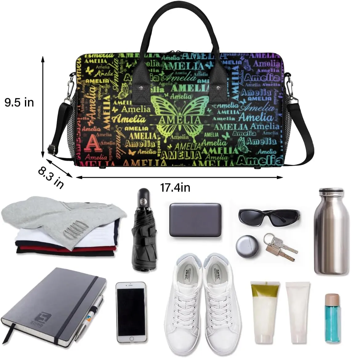 Custom Travel Duffel Bag with Name Butterfly, Personalized Gym Bag for Women, Custom Sports Tote Bags for Dance Cheer, Overnight Weekender Bags, Black Rainbow