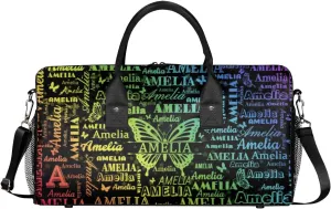 Custom Travel Duffel Bag with Name Butterfly, Personalized Gym Bag for Women, Custom Sports Tote Bags for Dance Cheer, Overnight Weekender Bags, Black Rainbow
