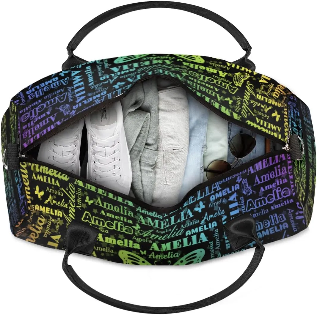Custom Travel Duffel Bag with Name Butterfly, Personalized Gym Bag for Women, Custom Sports Tote Bags for Dance Cheer, Overnight Weekender Bags, Black Rainbow