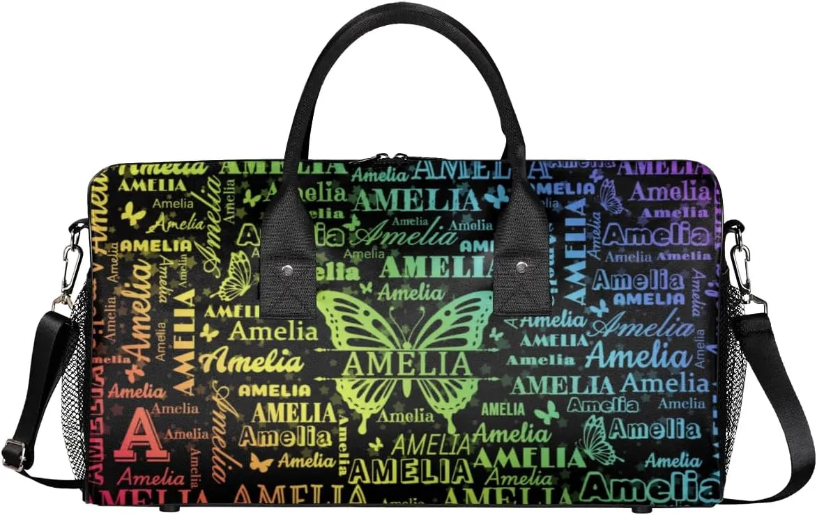 Custom Travel Duffel Bag with Name Butterfly, Personalized Gym Bag for Women, Custom Sports Tote Bags for Dance Cheer, Overnight Weekender Bags, Black Rainbow