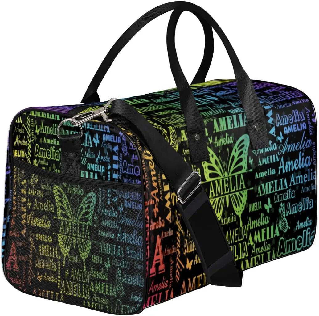 Custom Travel Duffel Bag with Name Butterfly, Personalized Gym Bag for Women, Custom Sports Tote Bags for Dance Cheer, Overnight Weekender Bags, Black Rainbow