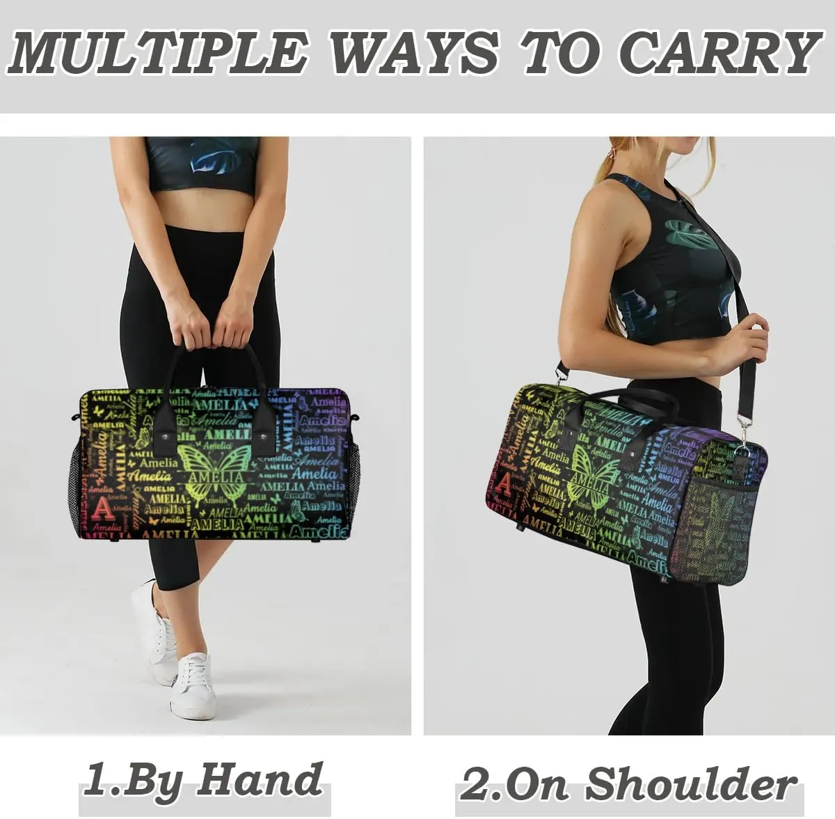 Custom Travel Duffel Bag with Name Butterfly, Personalized Gym Bag for Women, Custom Sports Tote Bags for Dance Cheer, Overnight Weekender Bags, Black Rainbow