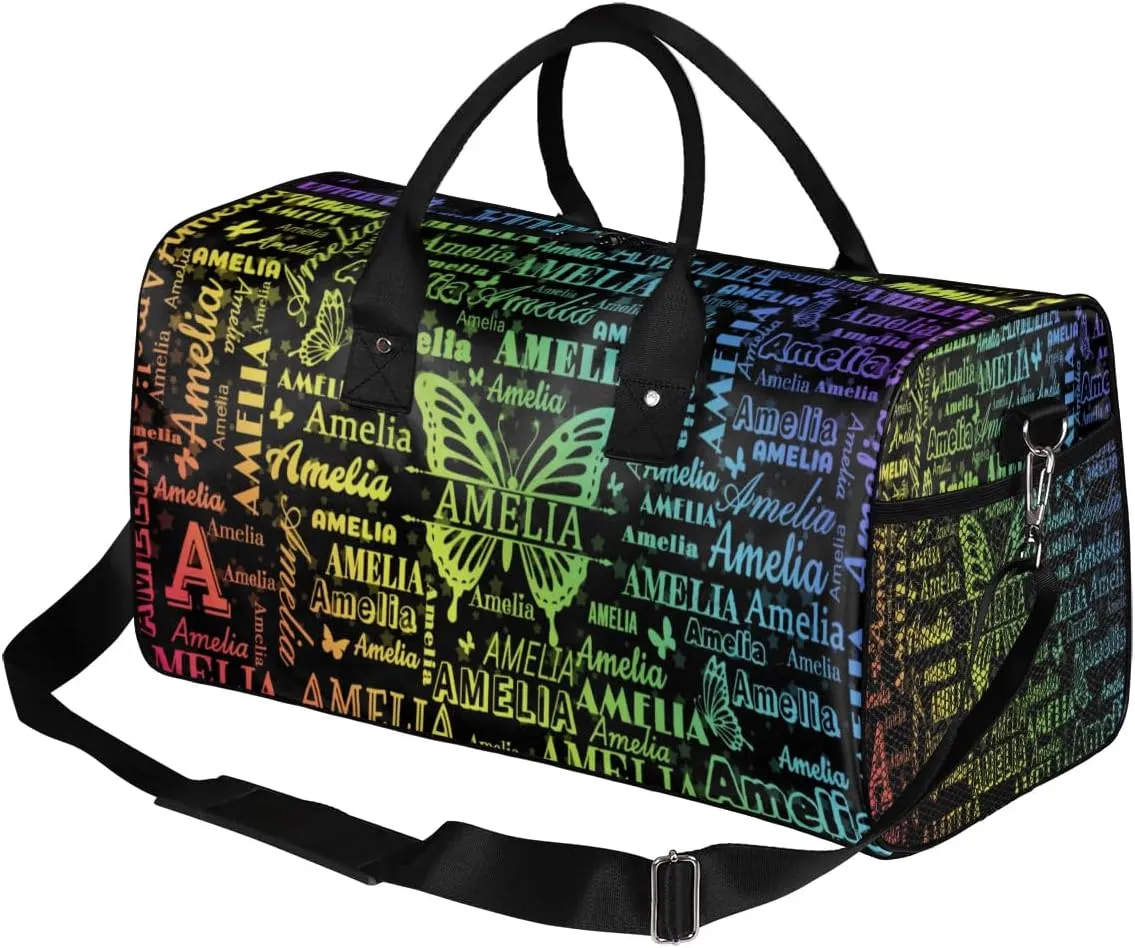 Custom Travel Duffel Bag with Name Butterfly, Personalized Gym Bag for Women, Custom Sports Tote Bags for Dance Cheer, Overnight Weekender Bags, Black Rainbow