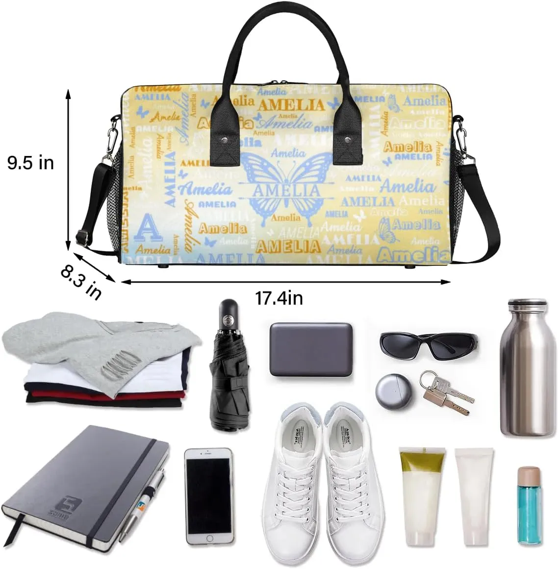 Custom Travel Duffel Bag with Name Butterfly, Personalized Gym Bag for Women, Custom Sports Tote Bags for Dance Cheer, Overnight Weekender Bags, Golu Blue