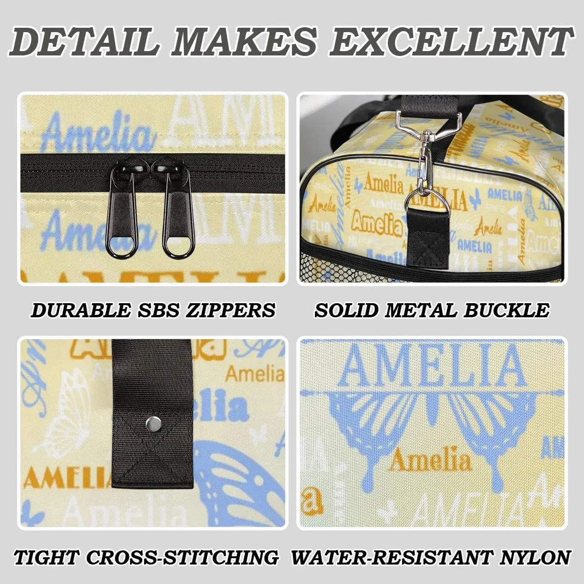 Custom Travel Duffel Bag with Name Butterfly, Personalized Gym Bag for Women, Custom Sports Tote Bags for Dance Cheer, Overnight Weekender Bags, Golu Blue