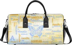 Custom Travel Duffel Bag with Name Butterfly, Personalized Gym Bag for Women, Custom Sports Tote Bags for Dance Cheer, Overnight Weekender Bags, Golu Blue
