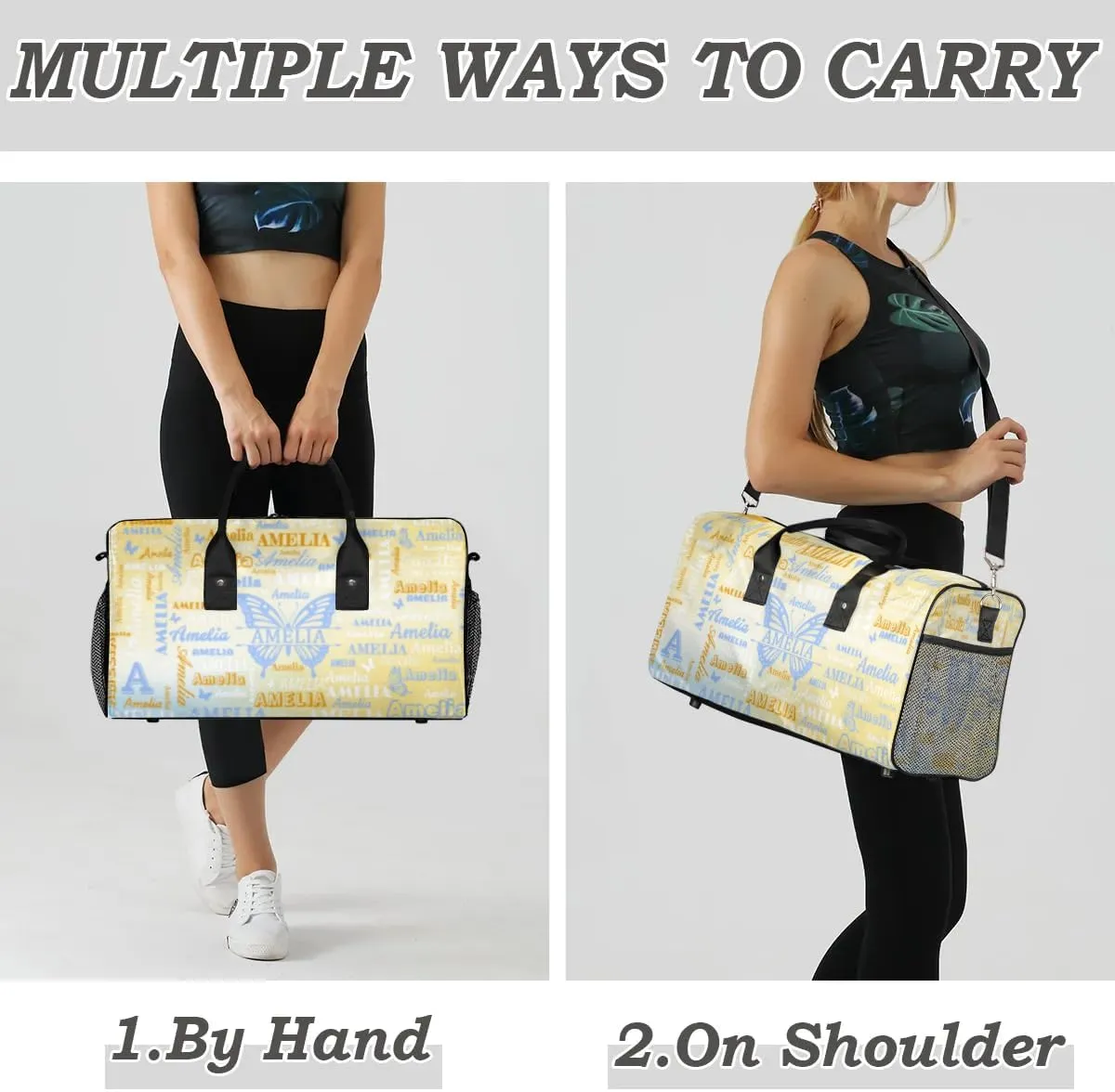 Custom Travel Duffel Bag with Name Butterfly, Personalized Gym Bag for Women, Custom Sports Tote Bags for Dance Cheer, Overnight Weekender Bags, Golu Blue