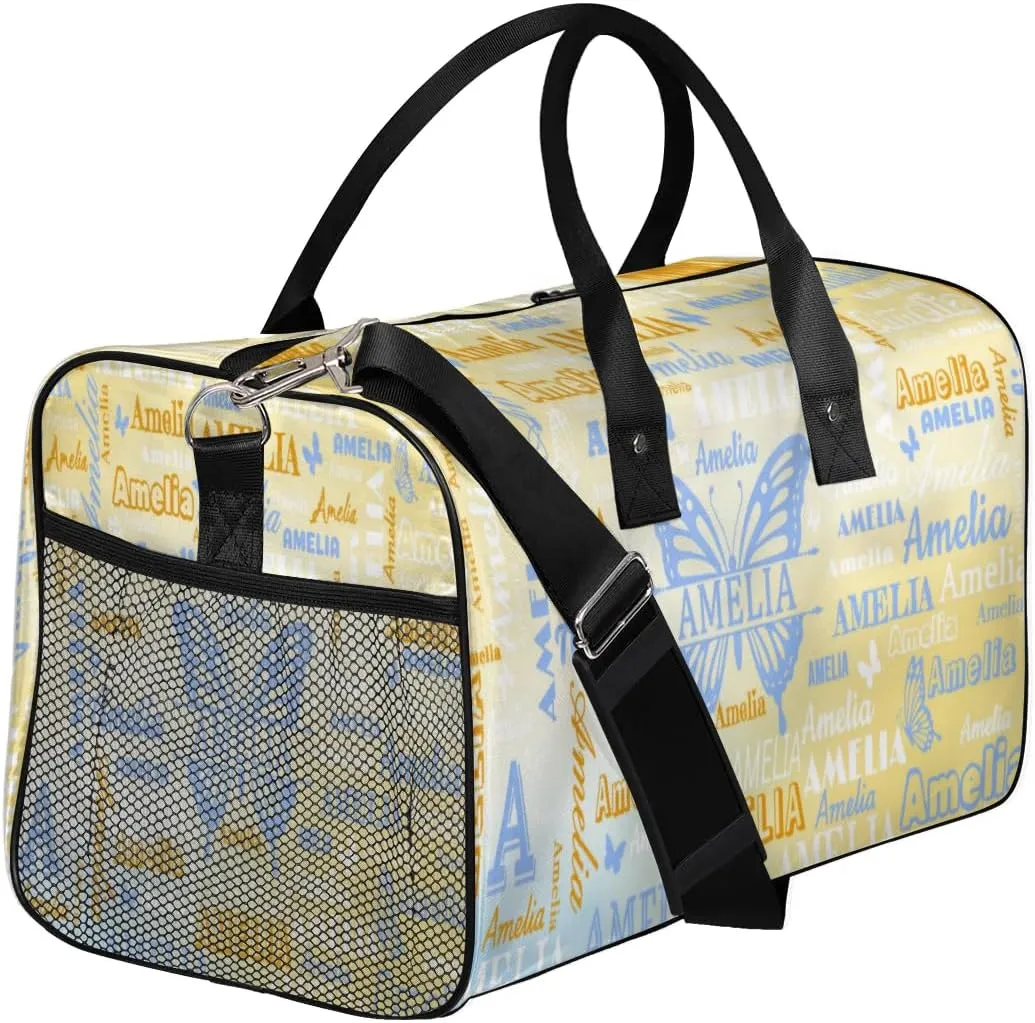 Custom Travel Duffel Bag with Name Butterfly, Personalized Gym Bag for Women, Custom Sports Tote Bags for Dance Cheer, Overnight Weekender Bags, Golu Blue