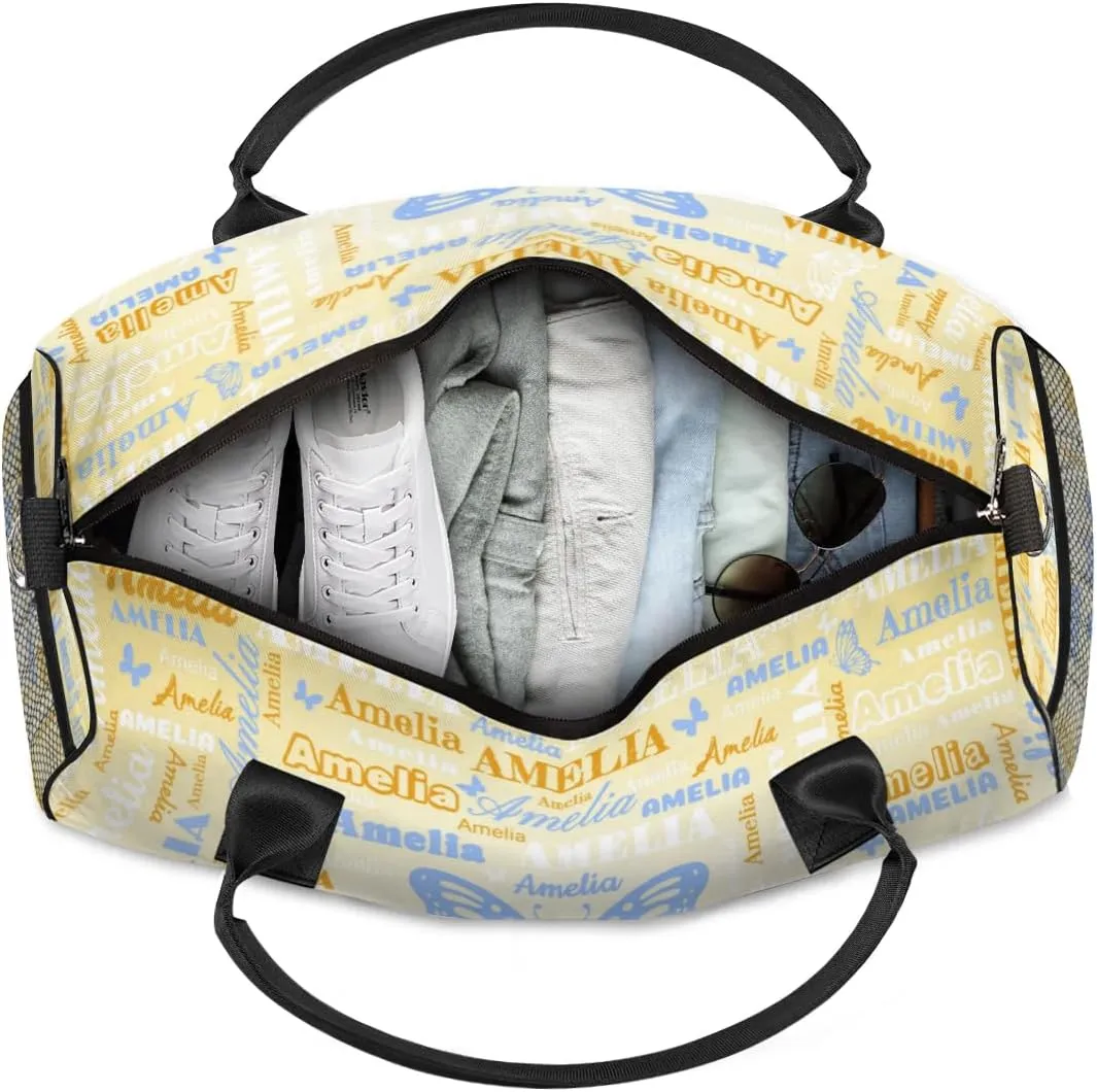 Custom Travel Duffel Bag with Name Butterfly, Personalized Gym Bag for Women, Custom Sports Tote Bags for Dance Cheer, Overnight Weekender Bags, Golu Blue