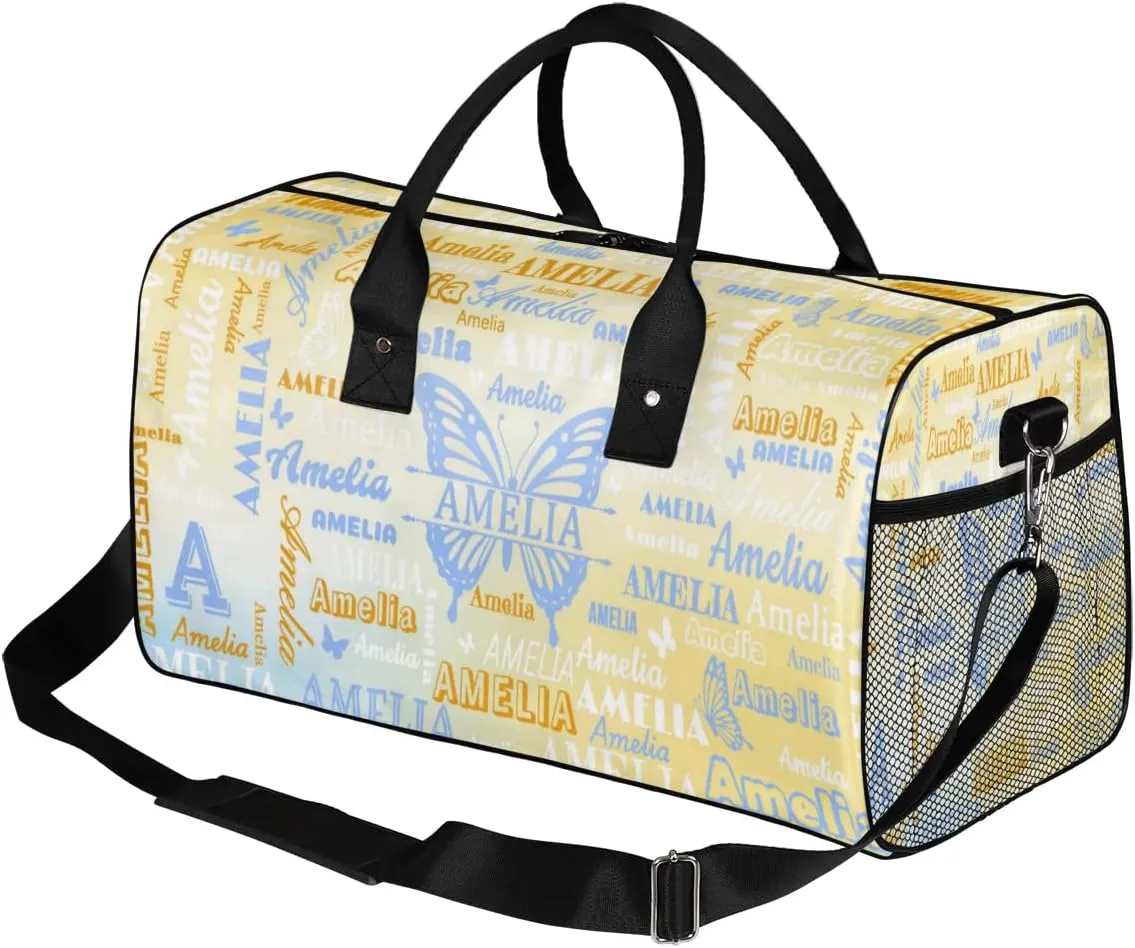 Custom Travel Duffel Bag with Name Butterfly, Personalized Gym Bag for Women, Custom Sports Tote Bags for Dance Cheer, Overnight Weekender Bags, Golu Blue