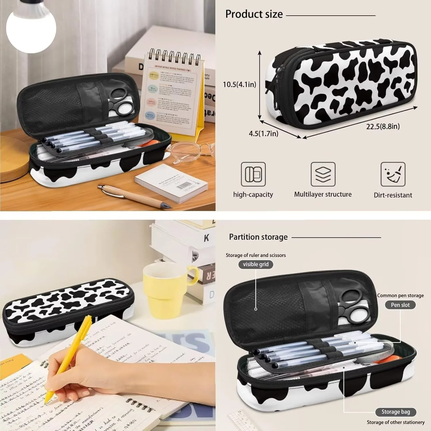 Cute Cow Print Kids Backpack with Lunch Box Multi-Functional Portable Boys Bookbag 10-12 Years Old Waterproof and Oil Proof Lunch Bag Kids for Junior Middle School