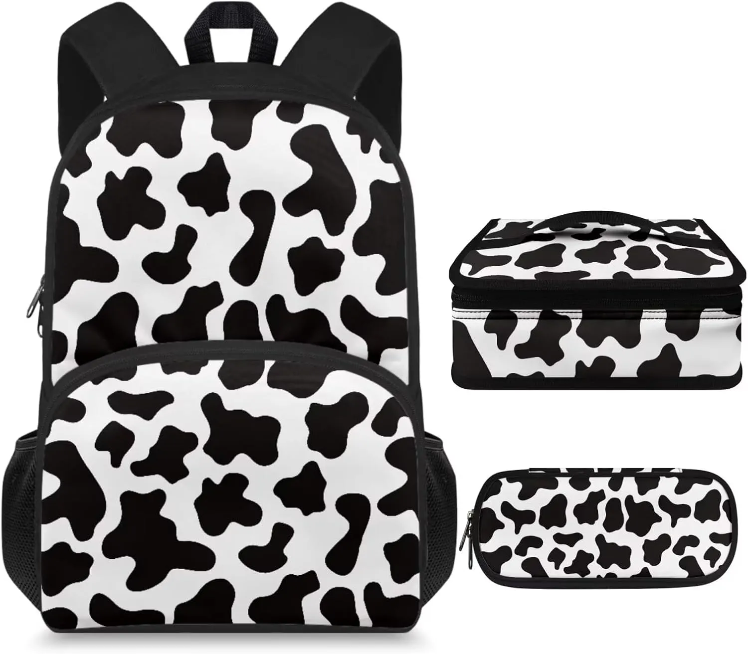 Cute Cow Print Kids Backpack with Lunch Box Multi-Functional Portable Boys Bookbag 10-12 Years Old Waterproof and Oil Proof Lunch Bag Kids for Junior Middle School
