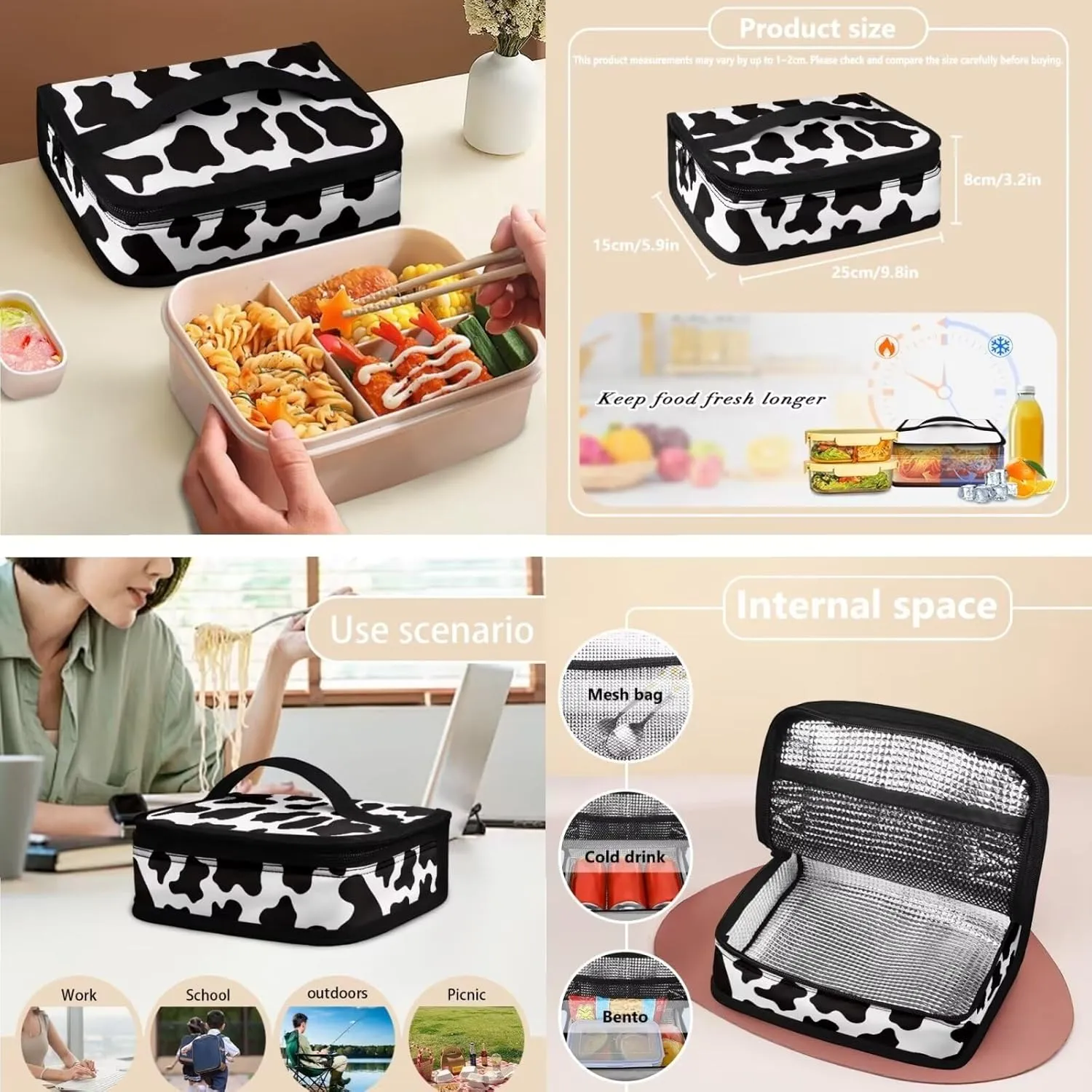 Cute Cow Print Kids Backpack with Lunch Box Multi-Functional Portable Boys Bookbag 10-12 Years Old Waterproof and Oil Proof Lunch Bag Kids for Junior Middle School