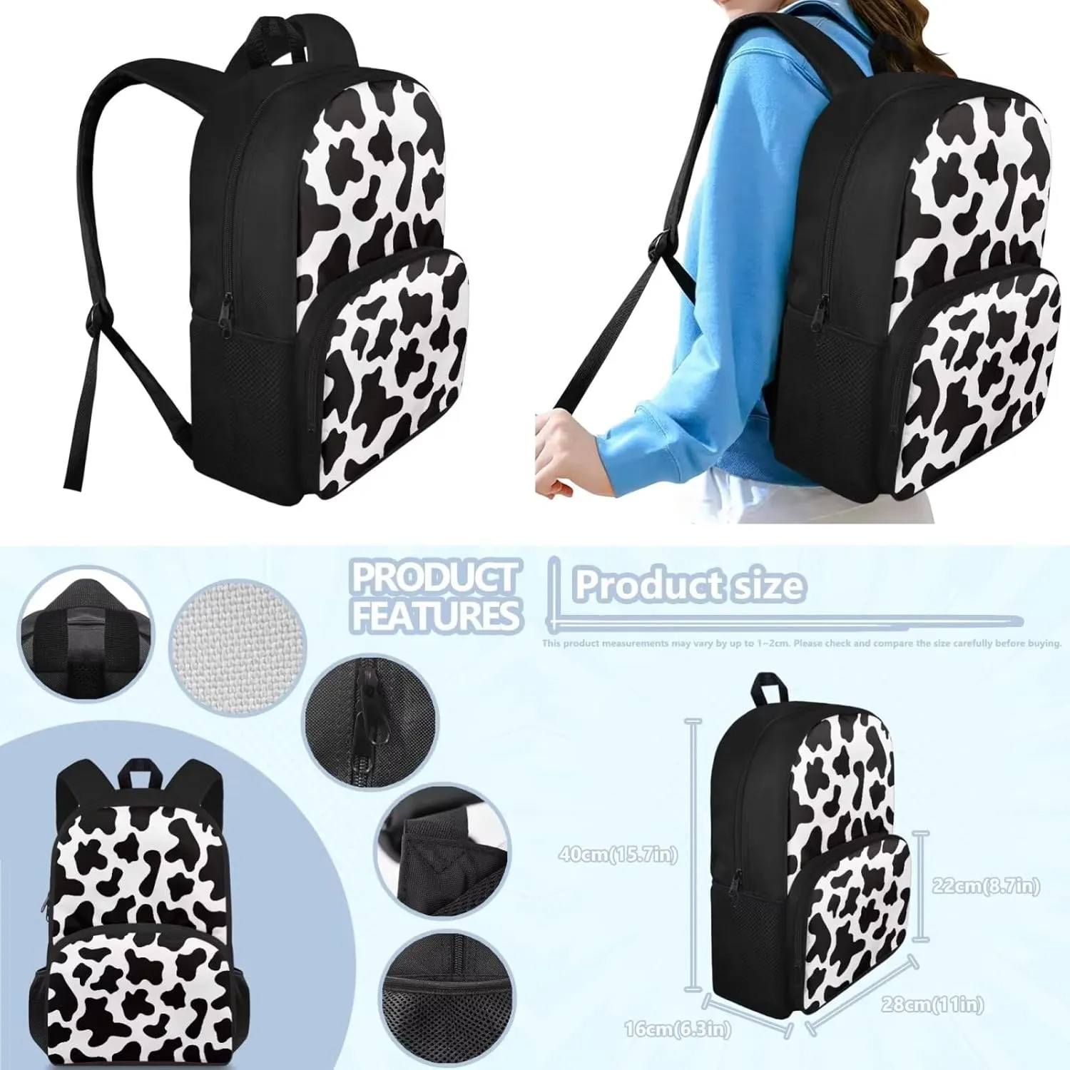 Cute Cow Print Kids Backpack with Lunch Box Multi-Functional Portable Boys Bookbag 10-12 Years Old Waterproof and Oil Proof Lunch Bag Kids for Junior Middle School