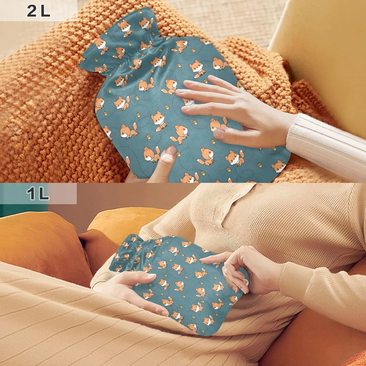 Cute Fox Teal Hot Water Bottle Bag with Cover 1L Winter Hot Water Bag Portable Hot Water Bottle for Menstrual Cramps, Neck, Shoulder, Back Pain Relief