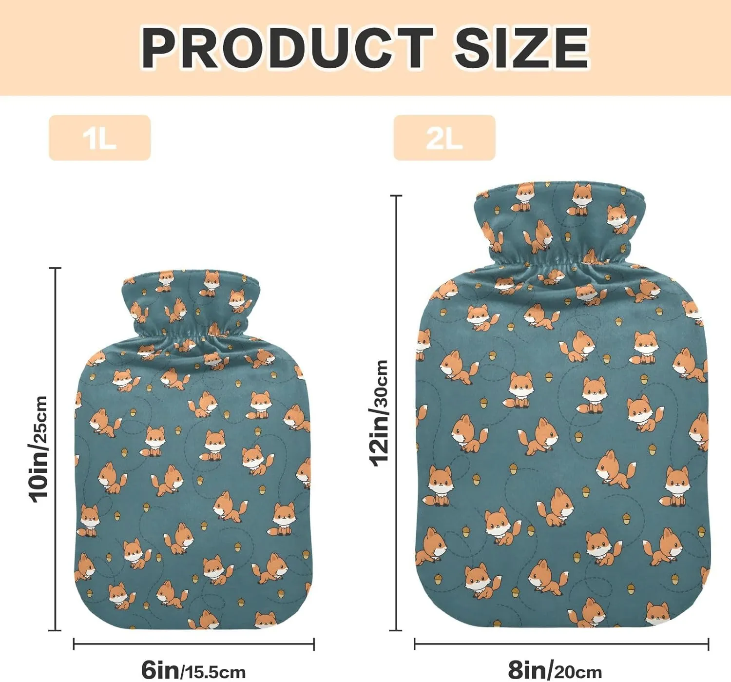 Cute Fox Teal Hot Water Bottle Bag with Cover 1L Winter Hot Water Bag Portable Hot Water Bottle for Menstrual Cramps, Neck, Shoulder, Back Pain Relief