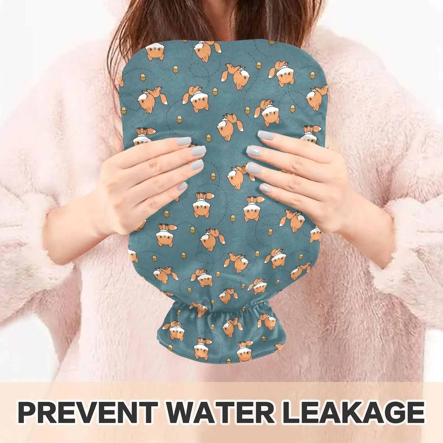 Cute Fox Teal Hot Water Bottle Bag with Cover 1L Winter Hot Water Bag Portable Hot Water Bottle for Menstrual Cramps, Neck, Shoulder, Back Pain Relief