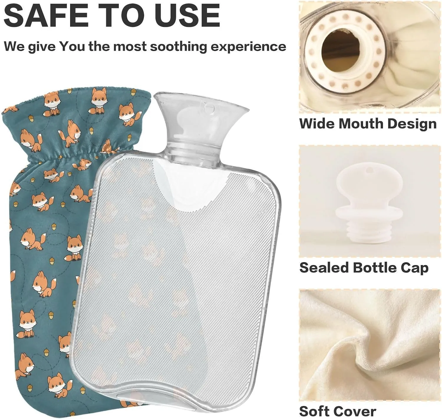 Cute Fox Teal Hot Water Bottle Bag with Cover 1L Winter Hot Water Bag Portable Hot Water Bottle for Menstrual Cramps, Neck, Shoulder, Back Pain Relief