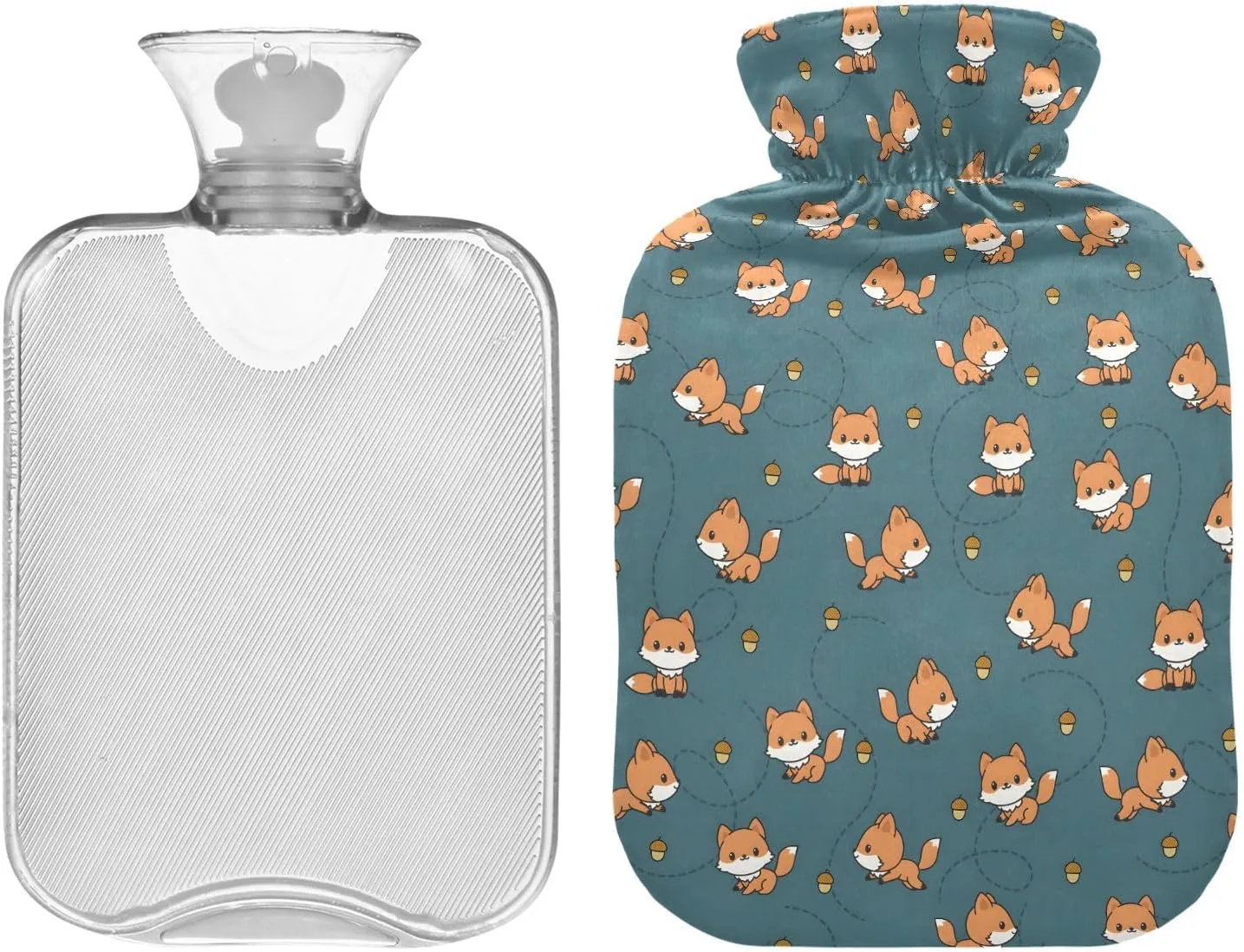 Cute Fox Teal Hot Water Bottle Bag with Cover 1L Winter Hot Water Bag Portable Hot Water Bottle for Menstrual Cramps, Neck, Shoulder, Back Pain Relief