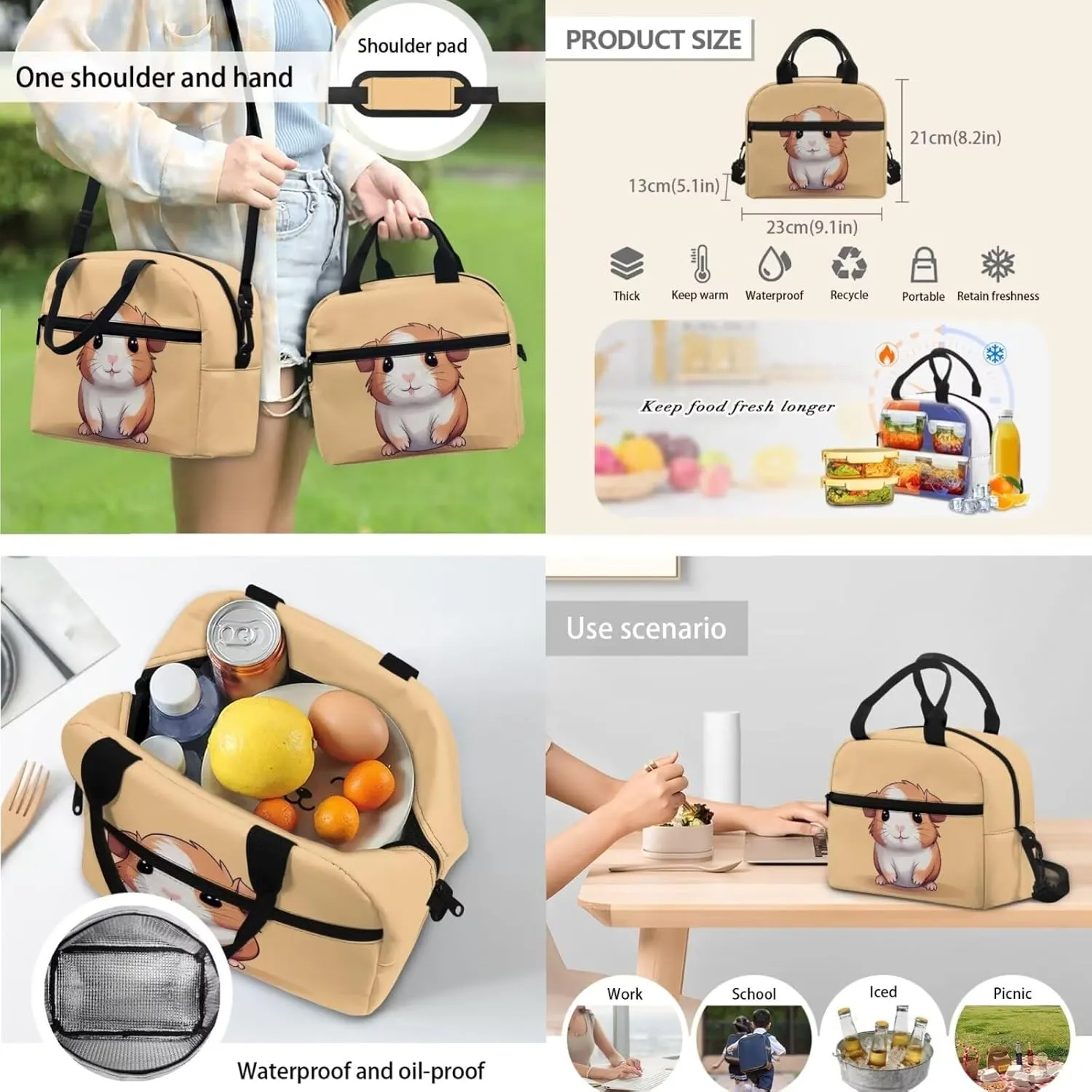 Cute Hamster Backpack with Lunch Box for Girls Casual Portable Crossbody School Bag for Girl Lightweight Adjustable Straps BookBag for Travel Hiking Shopping Work