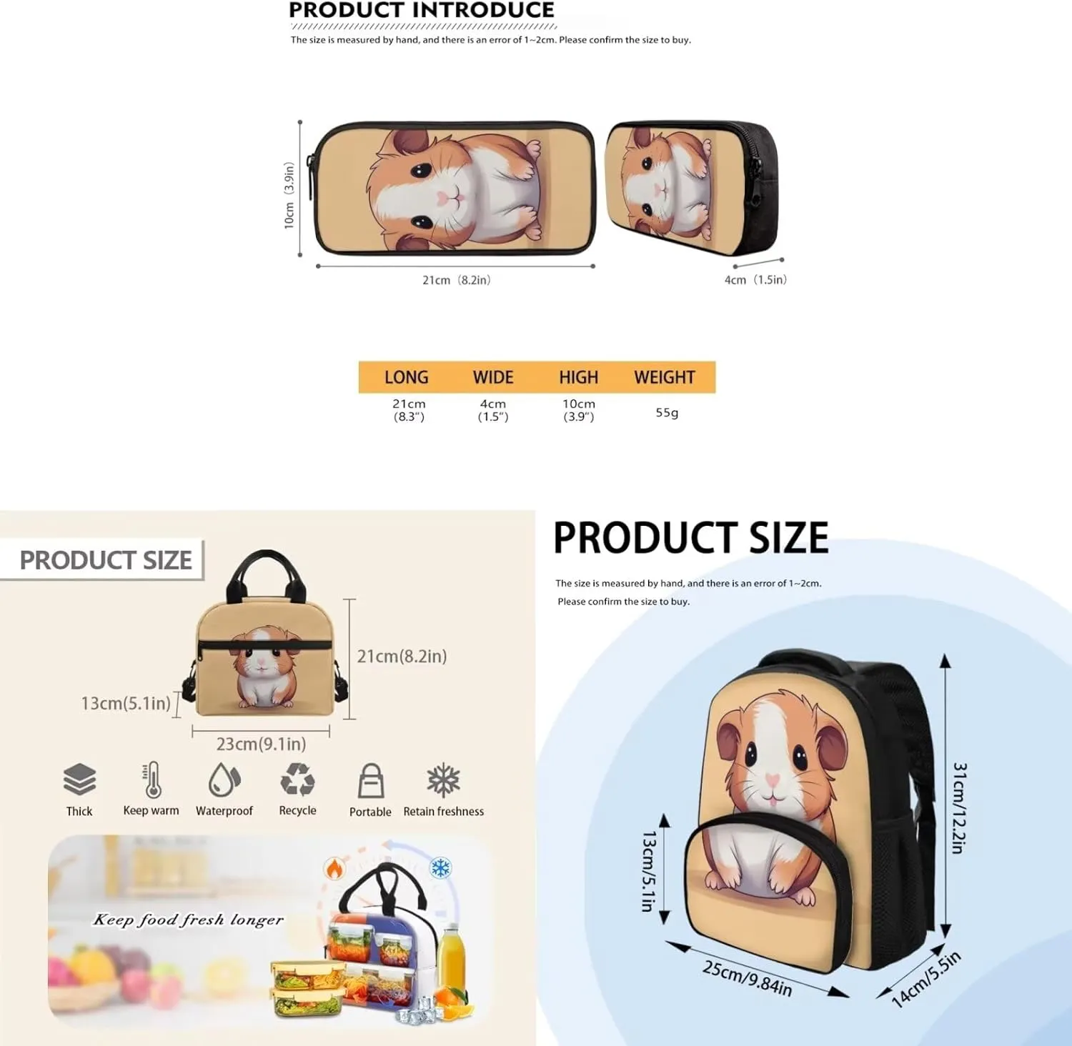 Cute Hamster Backpack with Lunch Box for Girls Casual Portable Crossbody School Bag for Girl Lightweight Adjustable Straps BookBag for Travel Hiking Shopping Work
