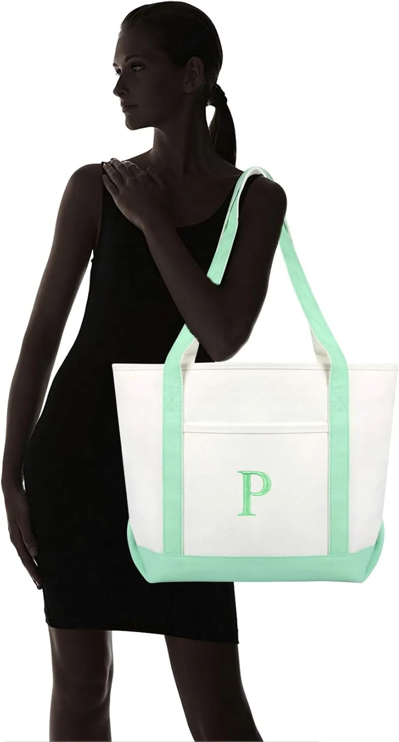 DALIX 20" P-Initial Tote Bag Monogrammed Cotton Canvas in Mint Green