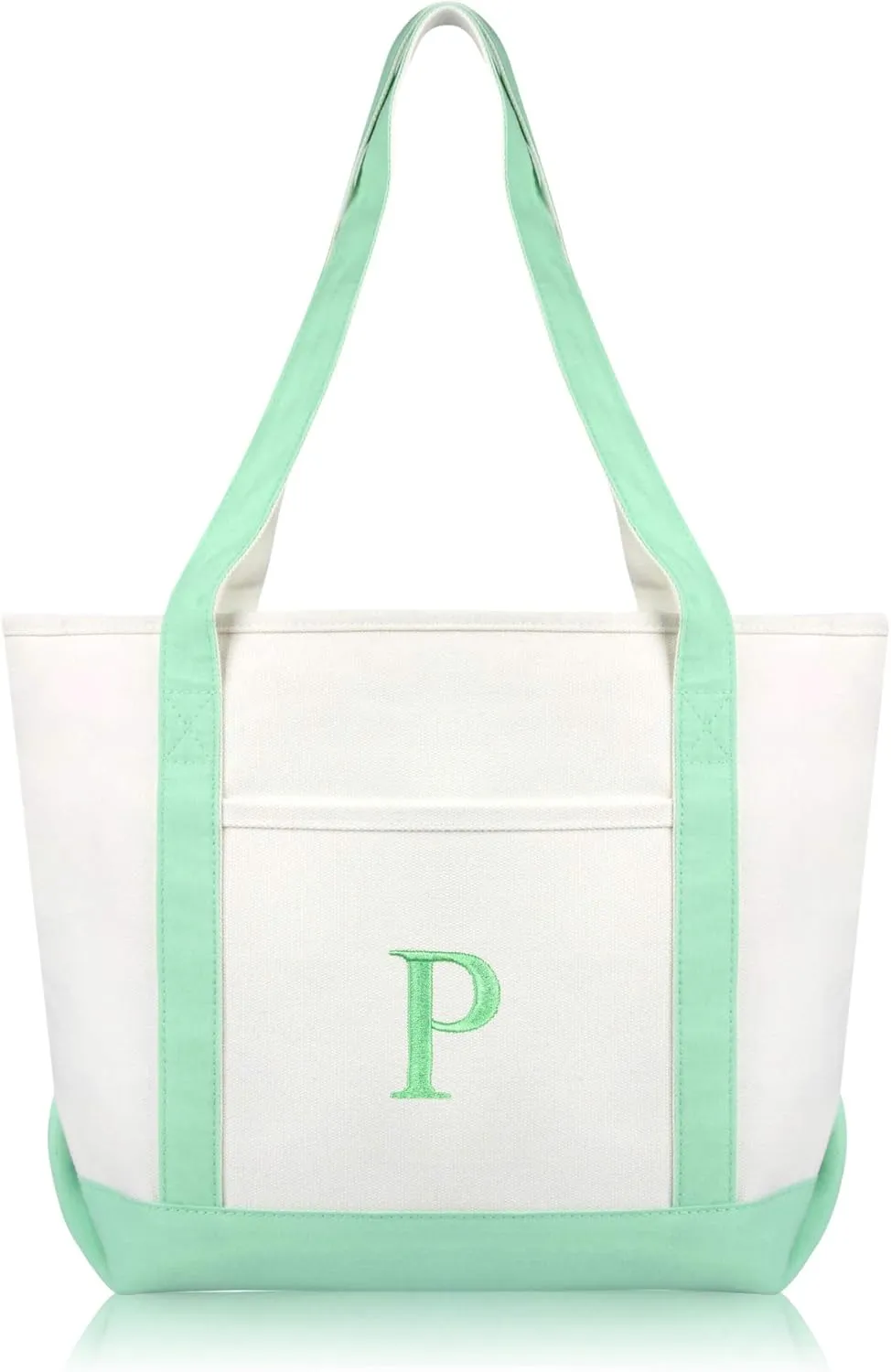 DALIX 20" P-Initial Tote Bag Monogrammed Cotton Canvas in Mint Green