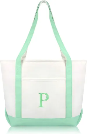 DALIX 20" P-Initial Tote Bag Monogrammed Cotton Canvas in Mint Green