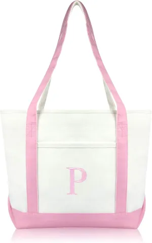 DALIX 20" P-Initial Tote Bag Monogrammed Cotton Canvas in Pink