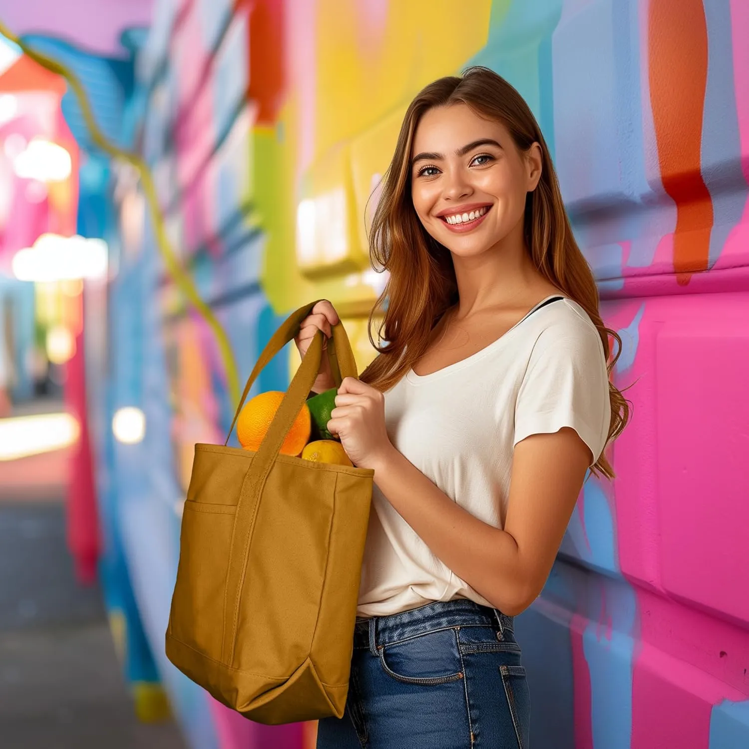 DALIX 20" Solid Color Cotton Canvas Shopping Tote Bag in Butterscotch