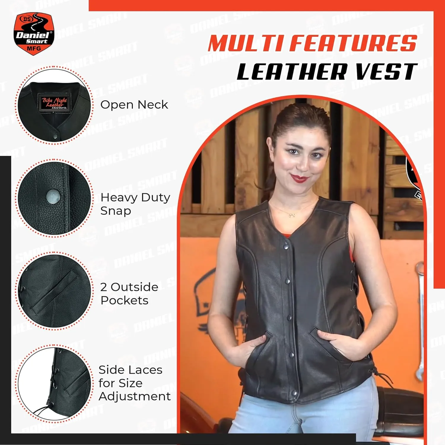 Daniel Smart Motorcycle Vest for Women Open Neck Leather Vest with Unique Design and Concealment Carry Pockets