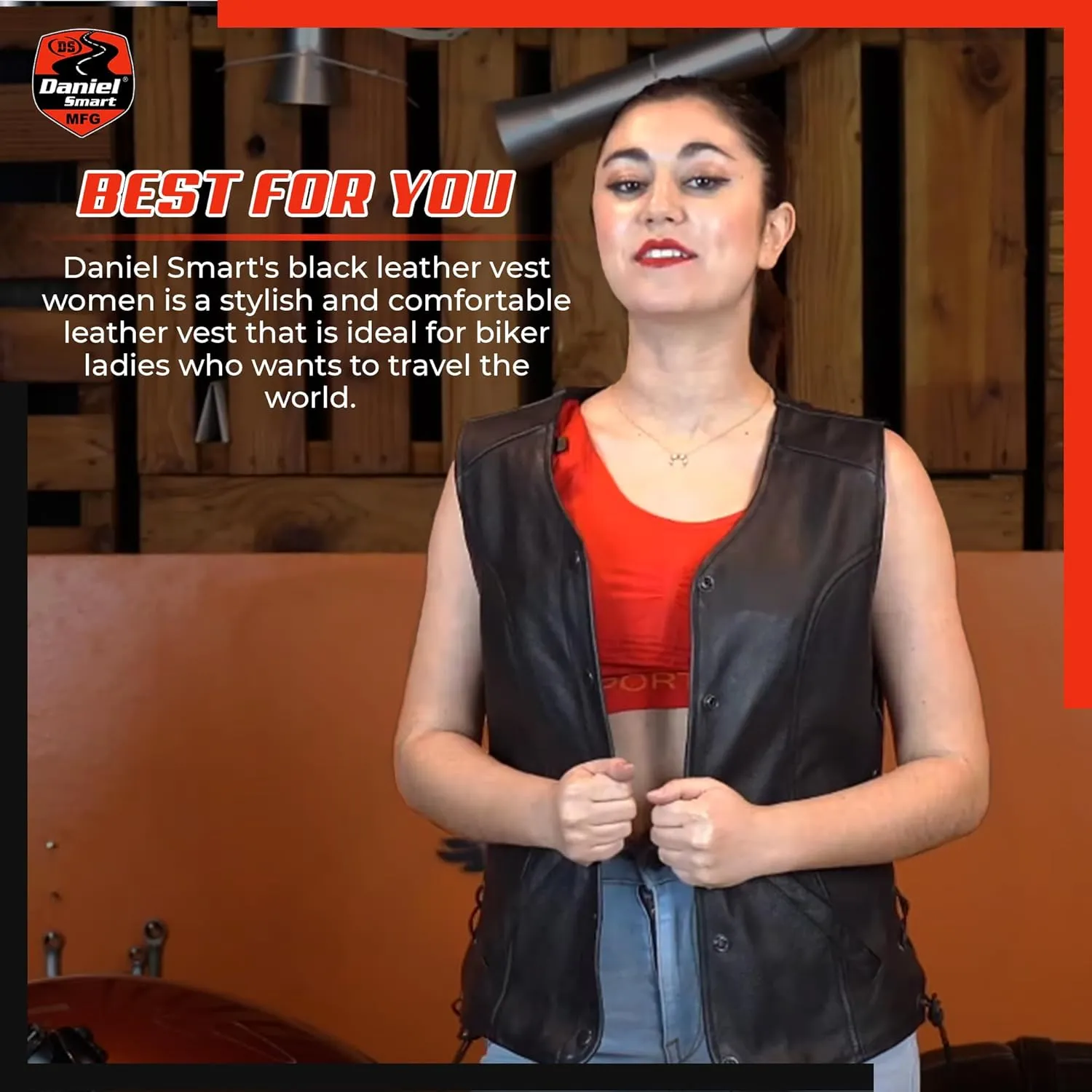 Daniel Smart Motorcycle Vest for Women Open Neck Leather Vest with Unique Design and Concealment Carry Pockets