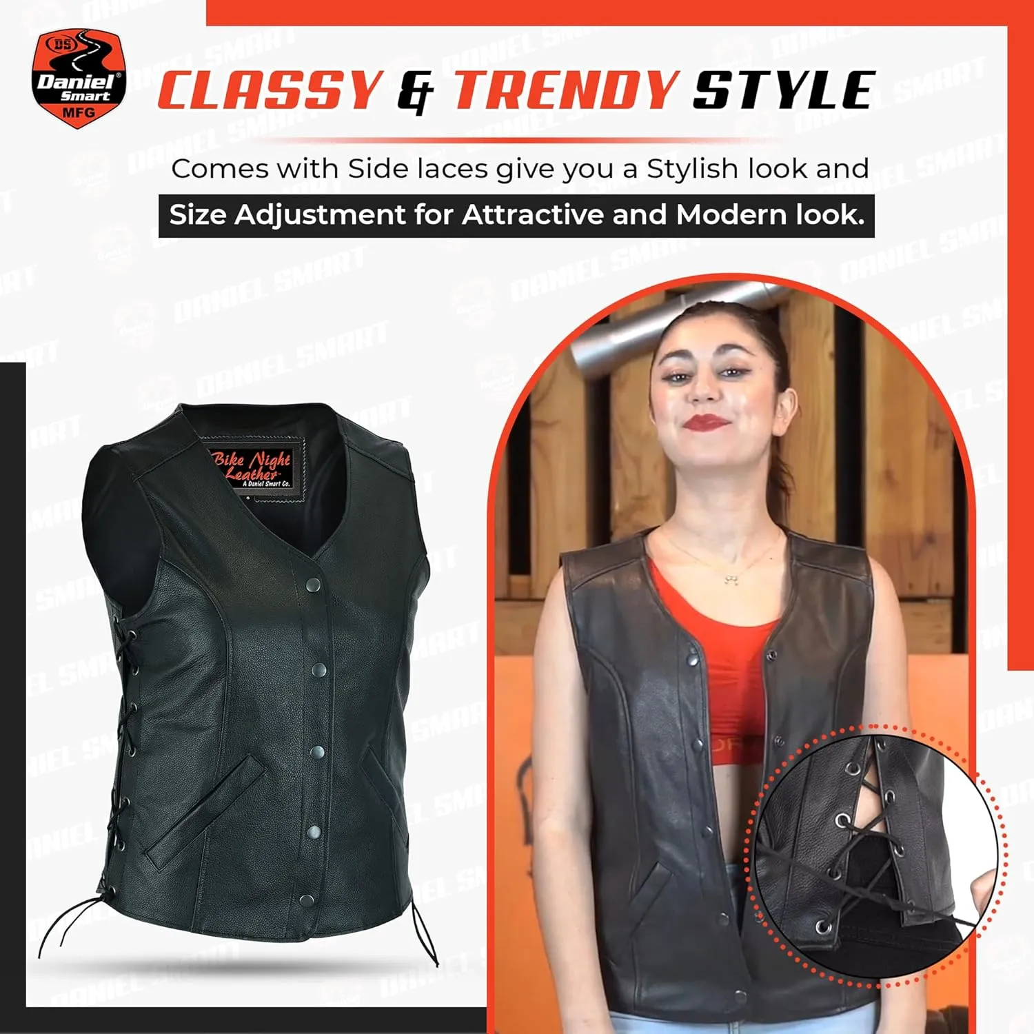 Daniel Smart Motorcycle Vest for Women Open Neck Leather Vest with Unique Design and Concealment Carry Pockets