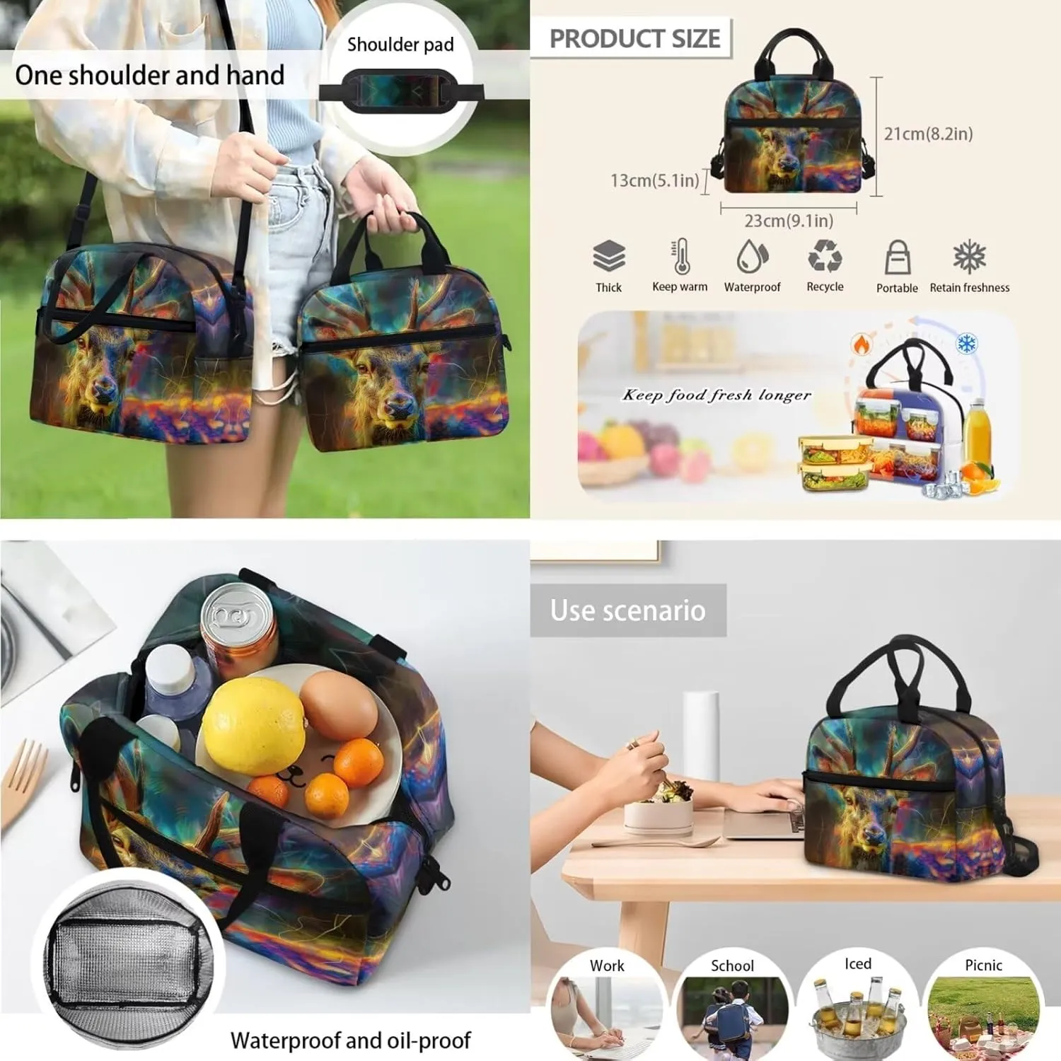 Deer Print Kids Backpack with Lunch Box Fashion Soft Girls Backpack 10-12 Years Old Portable Oil Proof Lunch Bag for Girls and Mini Pencil Case Organizer