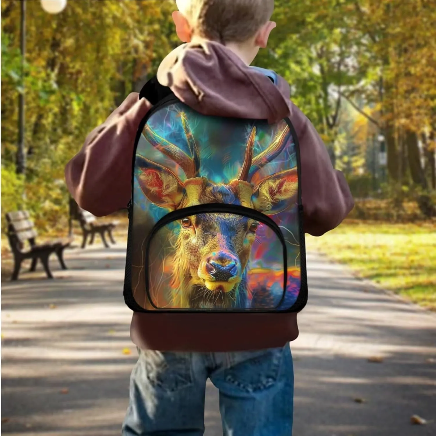 Deer Print Kids Backpack with Lunch Box Fashion Soft Girls Backpack 10-12 Years Old Portable Oil Proof Lunch Bag for Girls and Mini Pencil Case Organizer