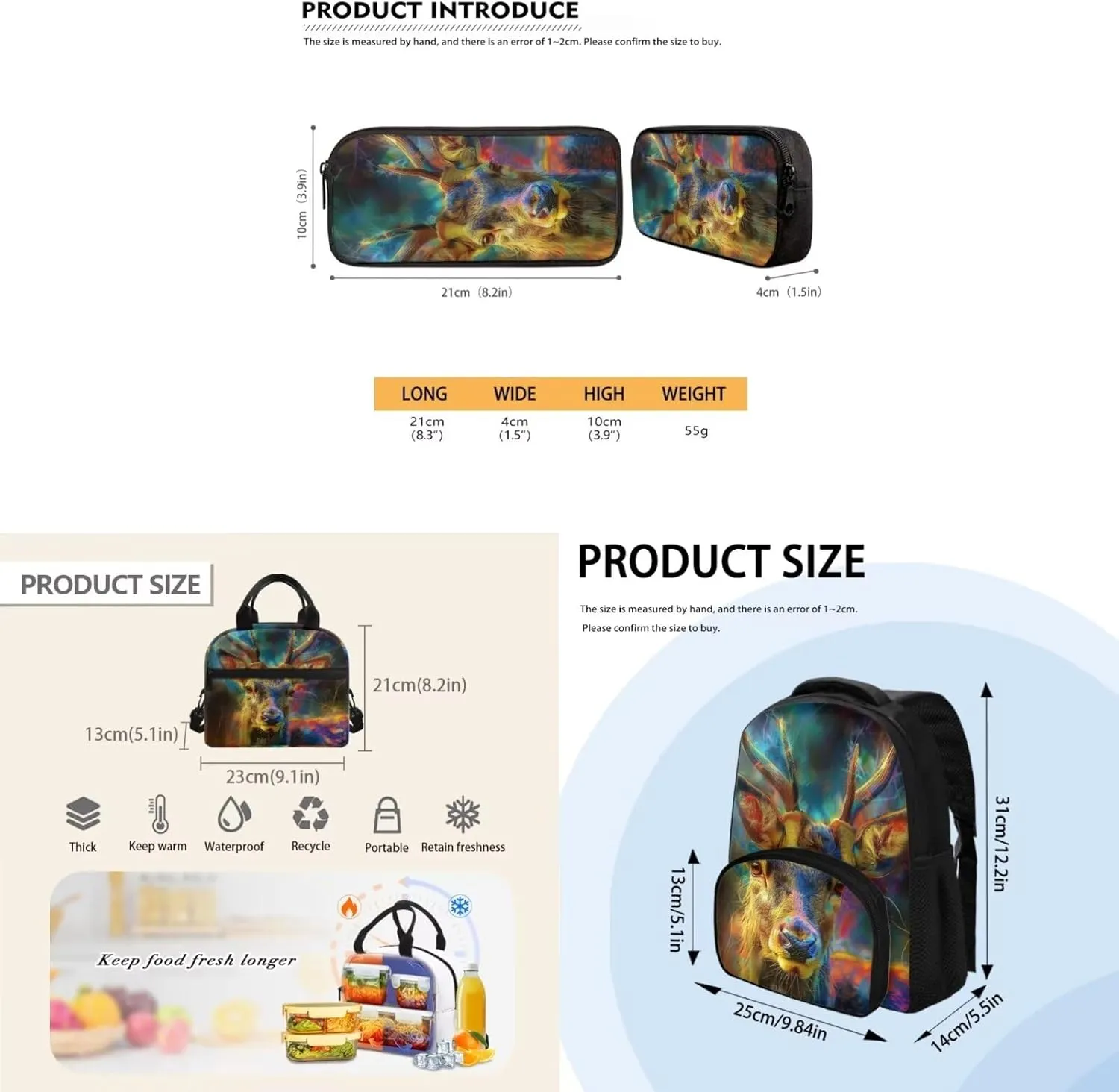 Deer Print Kids Backpack with Lunch Box Fashion Soft Girls Backpack 10-12 Years Old Portable Oil Proof Lunch Bag for Girls and Mini Pencil Case Organizer