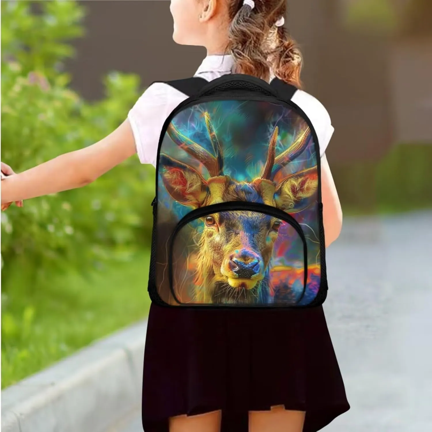Deer Print Kids Backpack with Lunch Box Fashion Soft Girls Backpack 10-12 Years Old Portable Oil Proof Lunch Bag for Girls and Mini Pencil Case Organizer