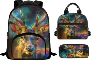 Deer Print Kids Backpack with Lunch Box Fashion Soft Girls Backpack 10-12 Years Old Portable Oil Proof Lunch Bag for Girls and Mini Pencil Case Organizer