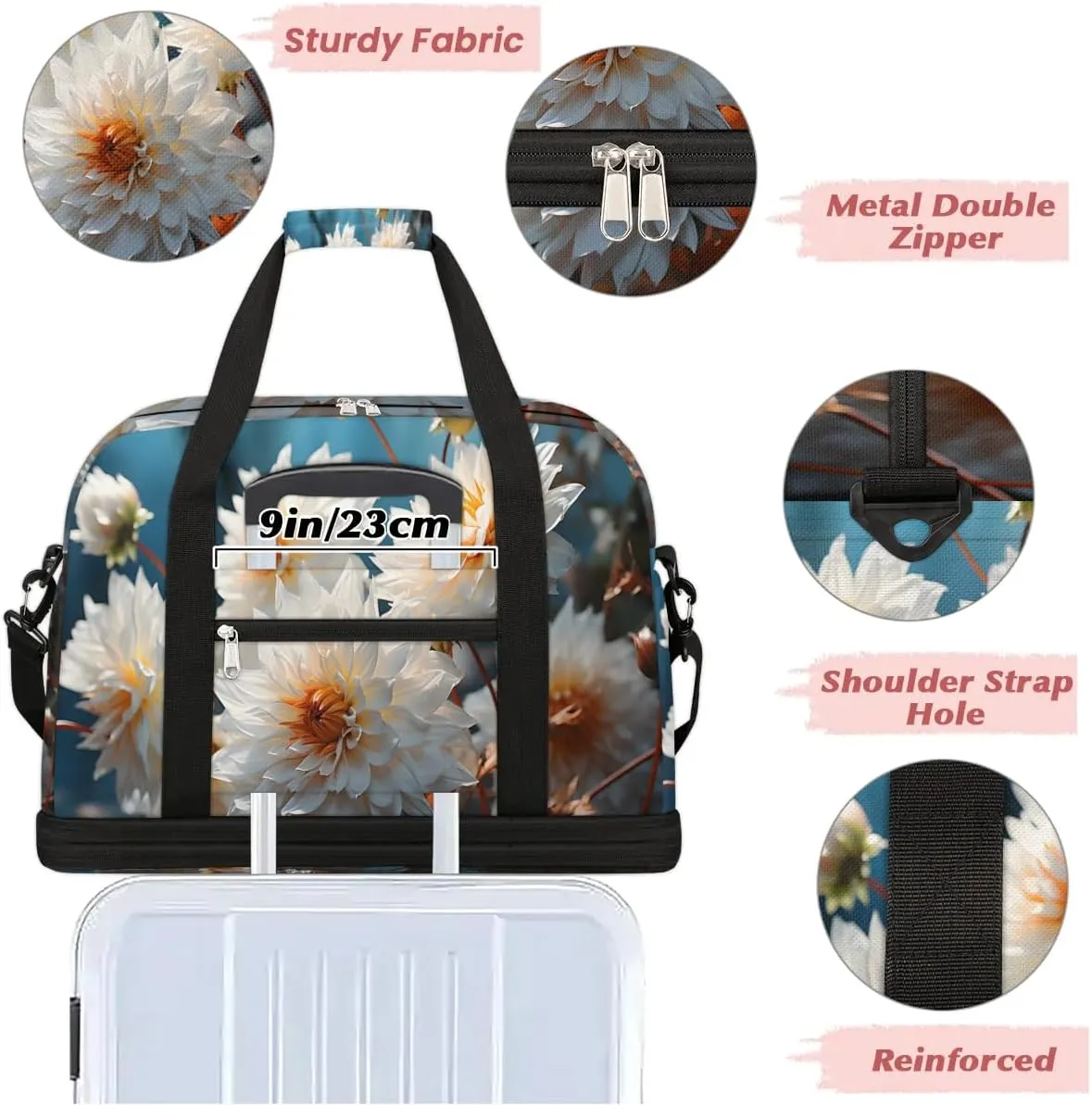 Delicate Flora Beauty Print Travel Duffle Bag, Collapsible Travel Bag Sports Gym Bag With Shoes Compartment Weekender Bag Overnight Bag For Women Men