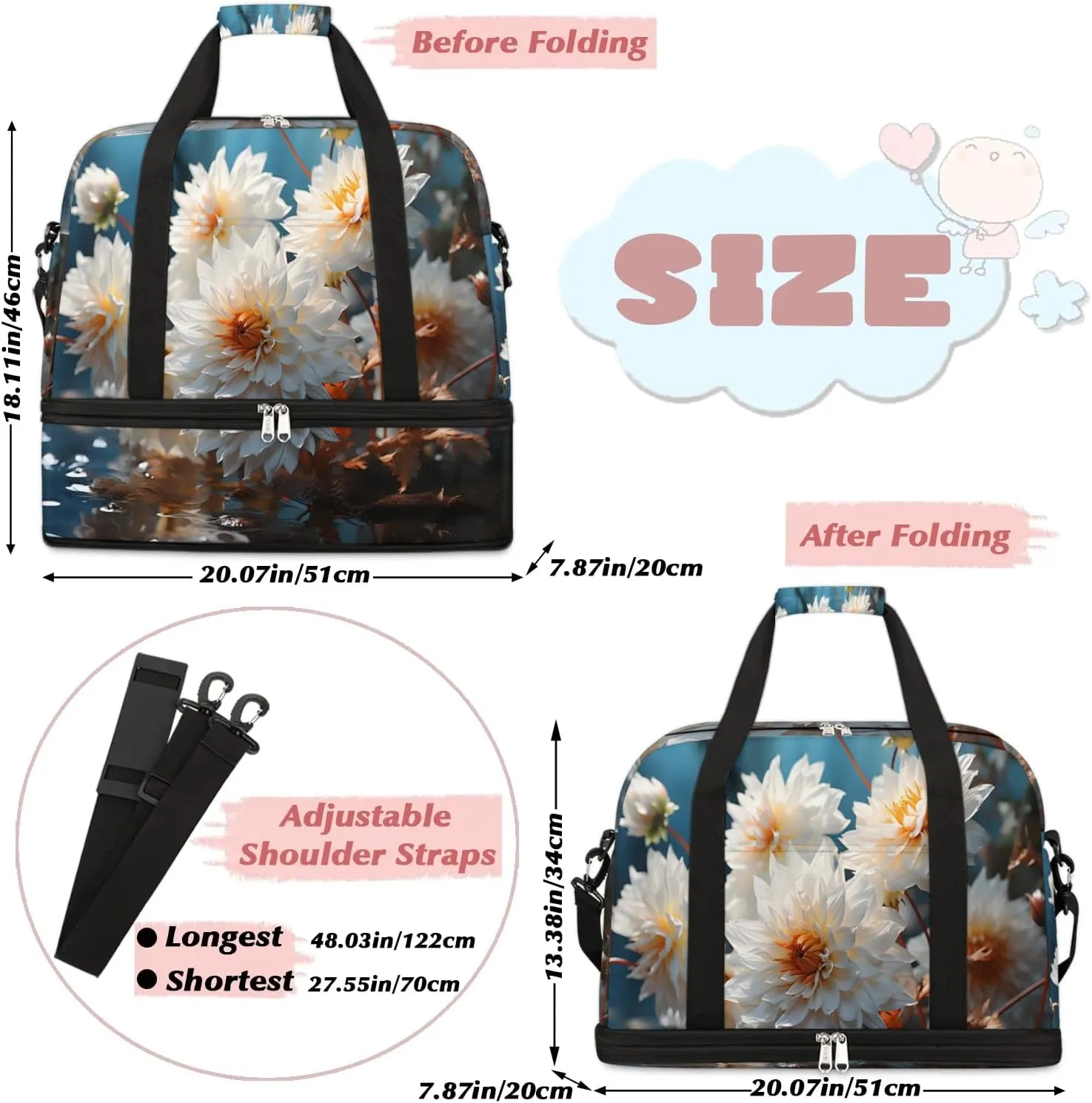 Delicate Flora Beauty Print Travel Duffle Bag, Collapsible Travel Bag Sports Gym Bag With Shoes Compartment Weekender Bag Overnight Bag For Women Men