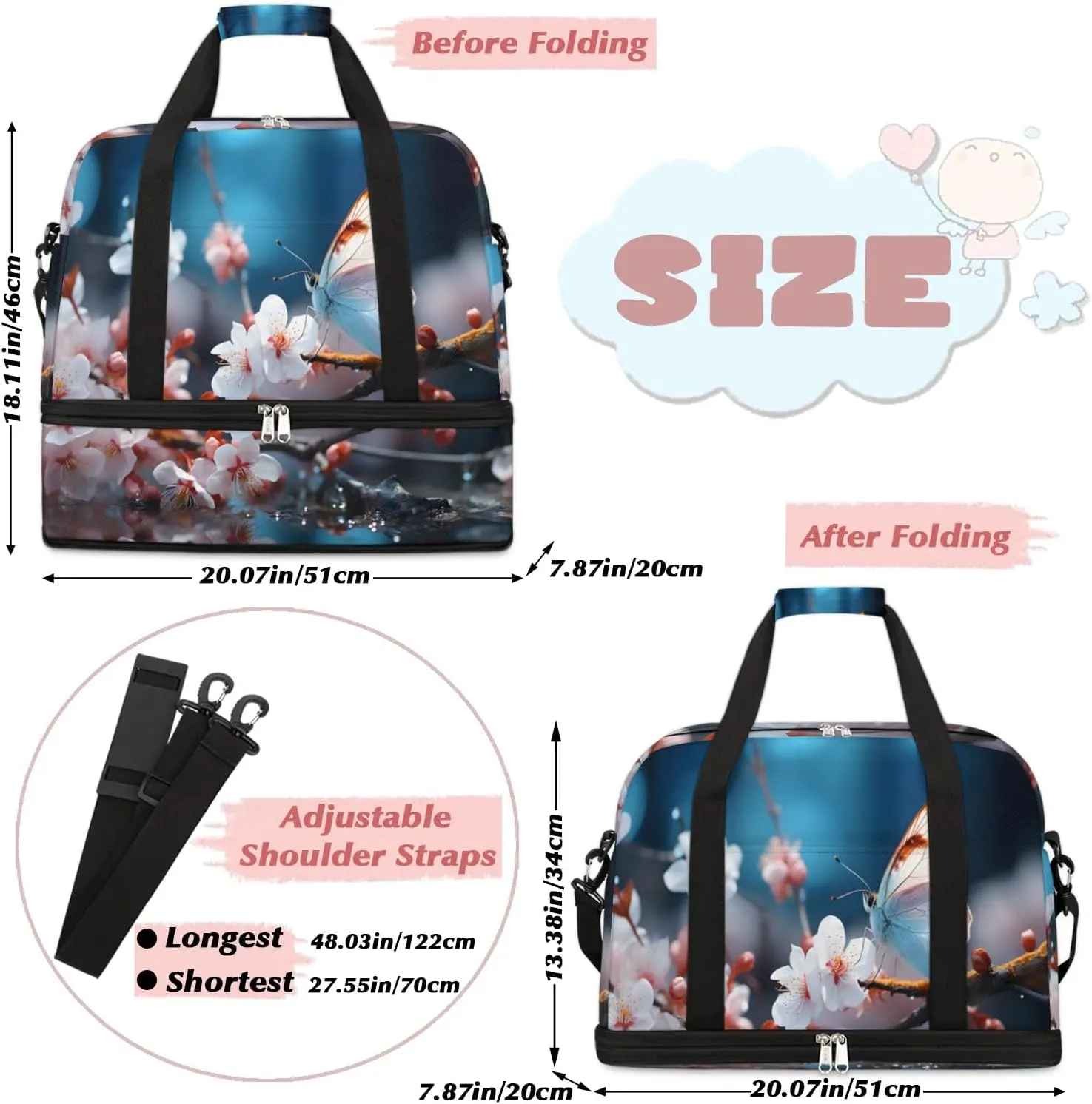 Delicate Flora Beauty Prints Travel Duffle Bag, Collapsible Travel Bag Sports Gym Bag With Shoes Compartment Weekender Bag Overnight Bag For Women Men