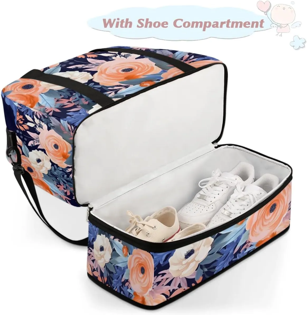 Delicate Flora Prints Retro Travel Duffle Bag, Collapsible Travel Bag Sports Gym Bag With Shoes Compartment Weekender Bag Overnight Bag For Women Men