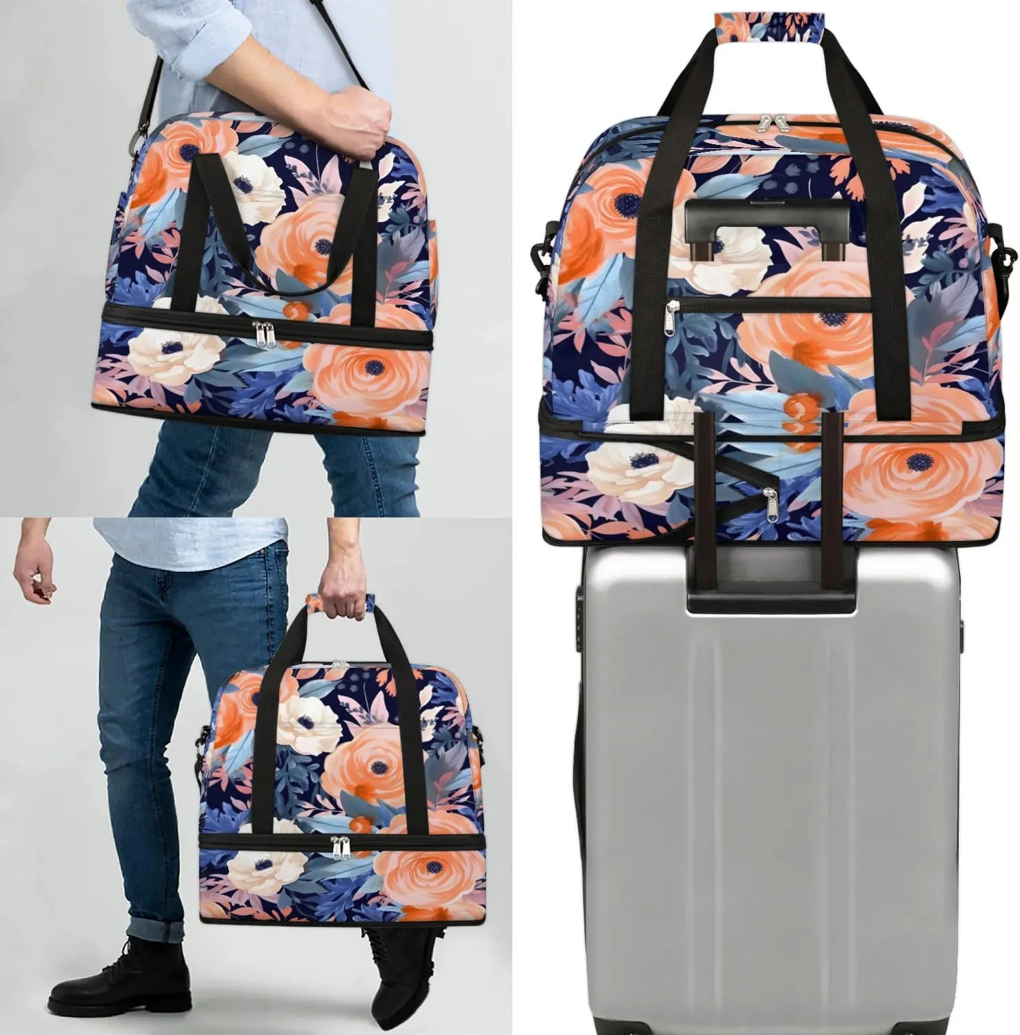 Delicate Flora Prints Retro Travel Duffle Bag, Collapsible Travel Bag Sports Gym Bag With Shoes Compartment Weekender Bag Overnight Bag For Women Men