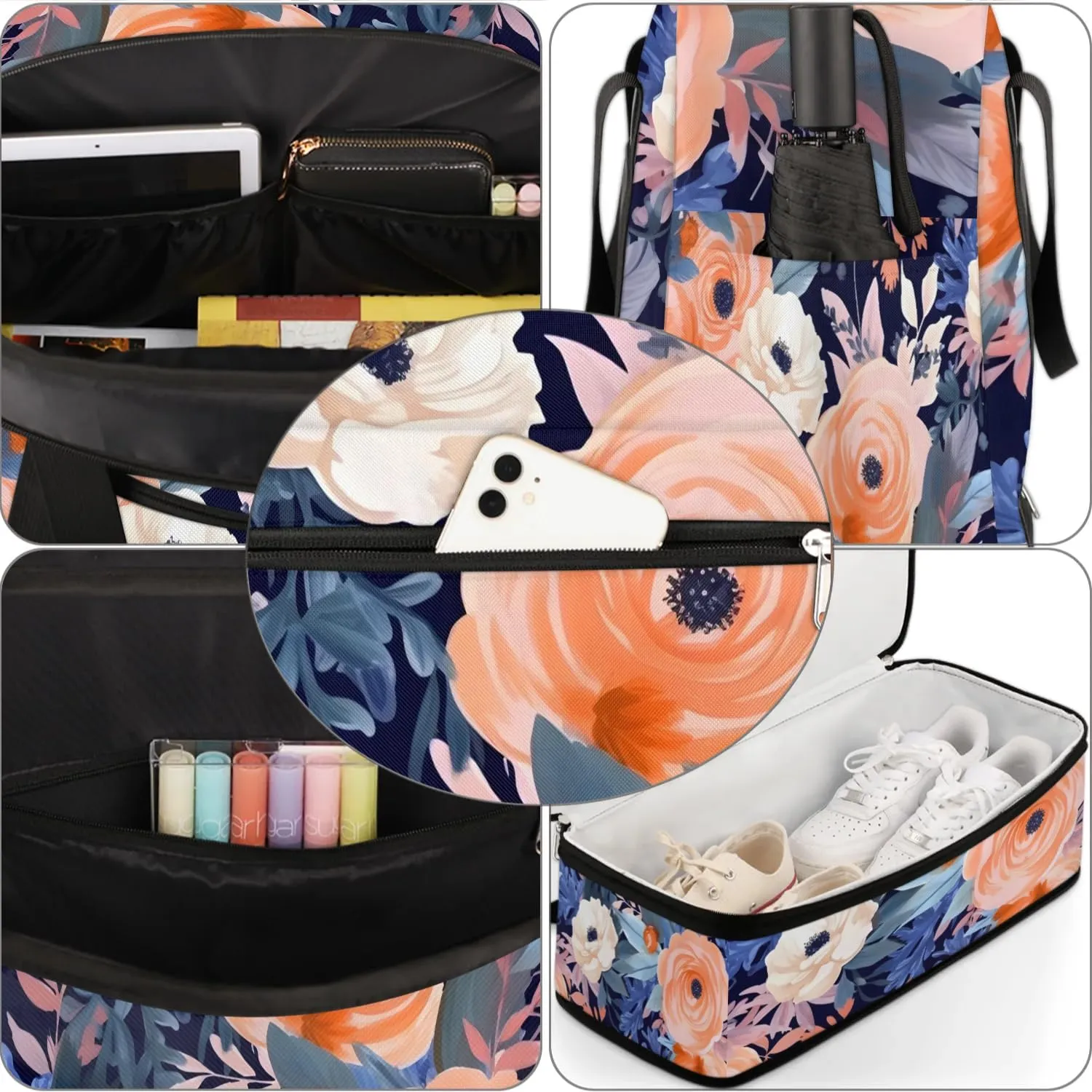 Delicate Flora Prints Retro Travel Duffle Bag, Collapsible Travel Bag Sports Gym Bag With Shoes Compartment Weekender Bag Overnight Bag For Women Men